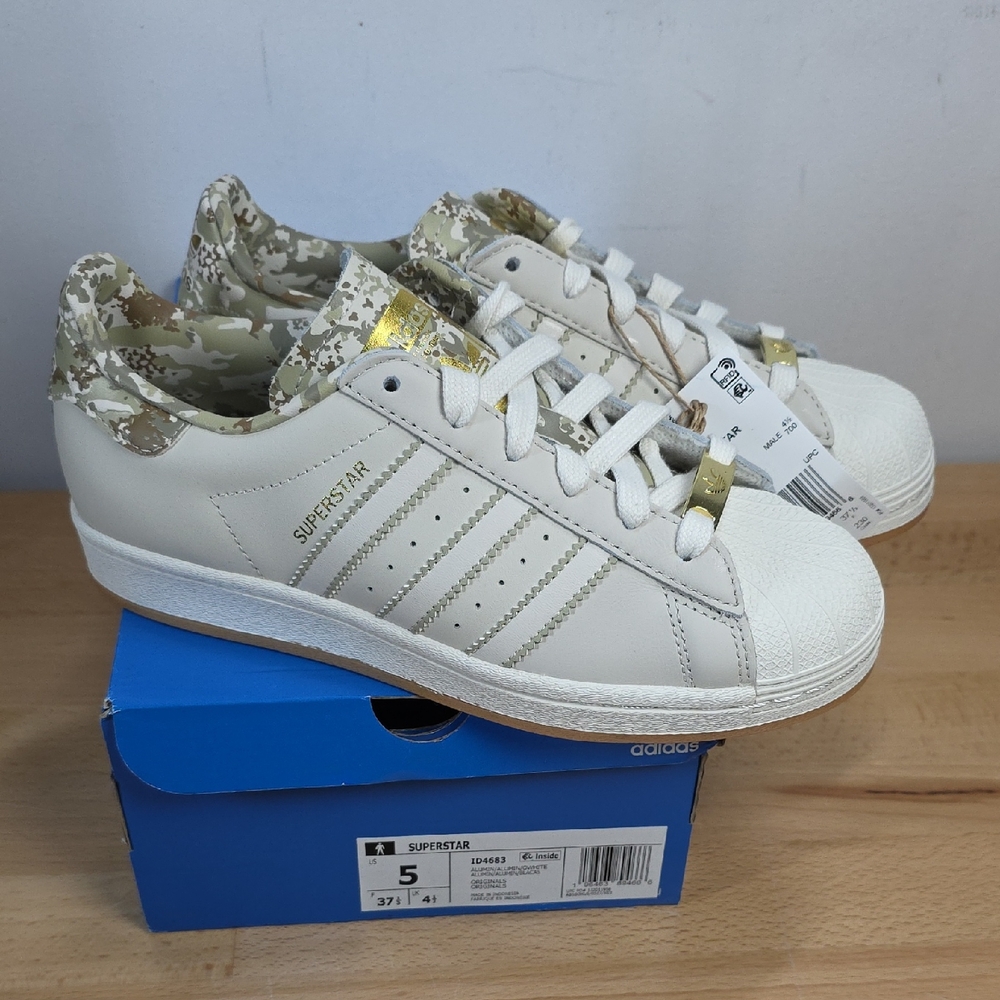 Adidas Superstar Sneakers - White and Gold Camo 5 US Male